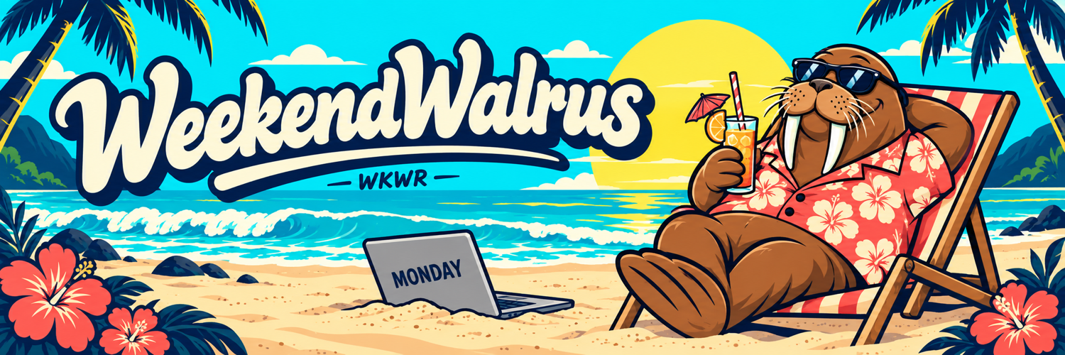 WeekendWalrus relaxing in a striped beach chair with an iced drink, leaving a MONDAY laptop in the sand.
